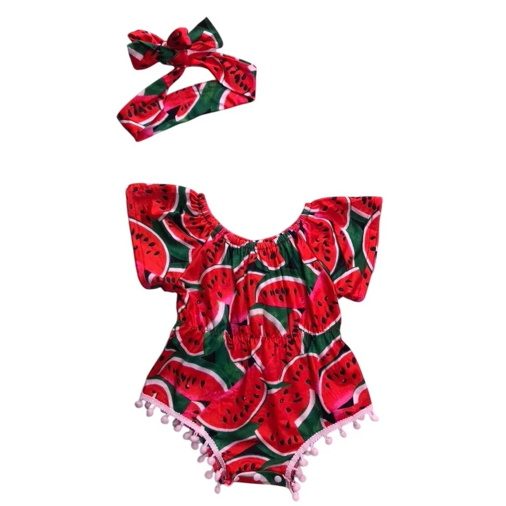 Boutique Watermelon Bubble Romper Baby 0-3M Red Pom Pom Trim Set